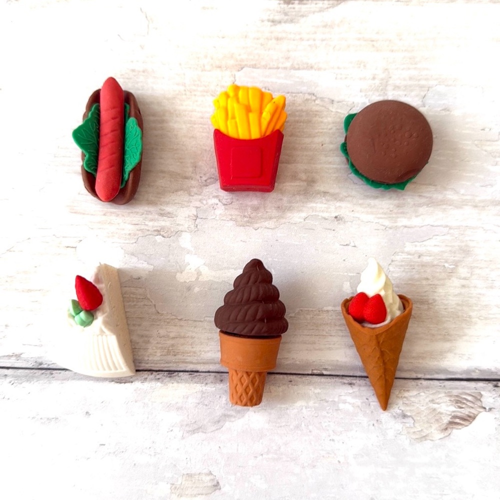 Daiso Japan Rubber Collectible Food Erasers Kids Toys Set of 6 Hot Dog Ice Cream